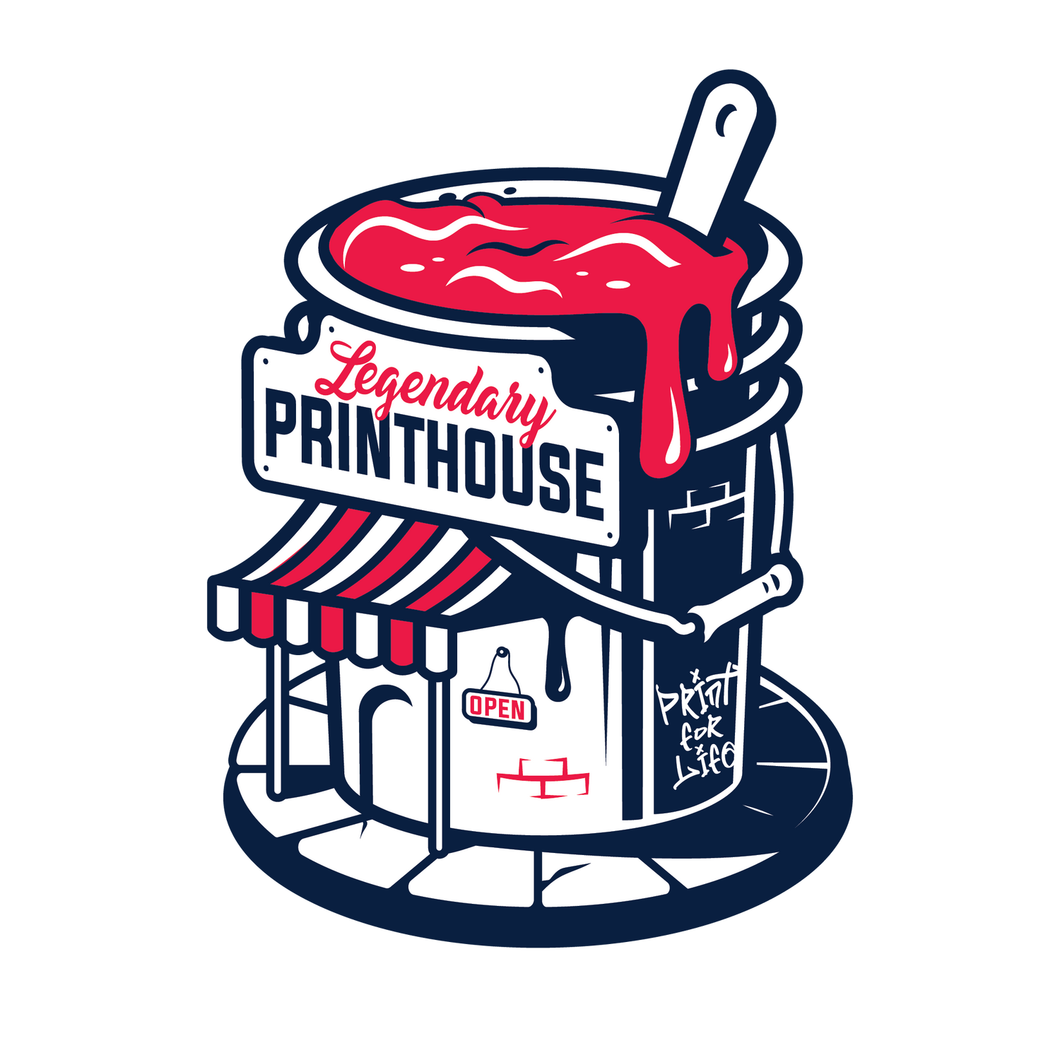 Legendary Printhouse logo which is a navy ink bucket made to look like a shop that has magenta ink dripping from the "roof" with Legendary Printhouse shop sign above a white and magenta awning with an open sign and graffiti on the side stating print for life. This logo was made to highlight screen printing and embroidery needs for custom apparel.