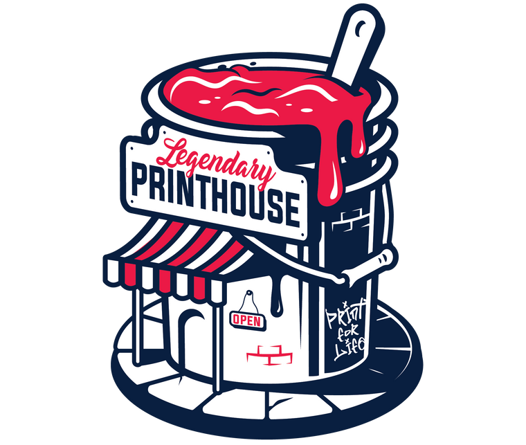 Legendary Printhouse logo which is a navy ink bucket made to look like a shop that has magenta ink dripping from the "roof" with Legendary Printhouse shop sign above a white and magenta awning with an open sign and graffiti on the side stating print for life. This logo was made to highlight screen printing and embroidery needs for custom apparel.